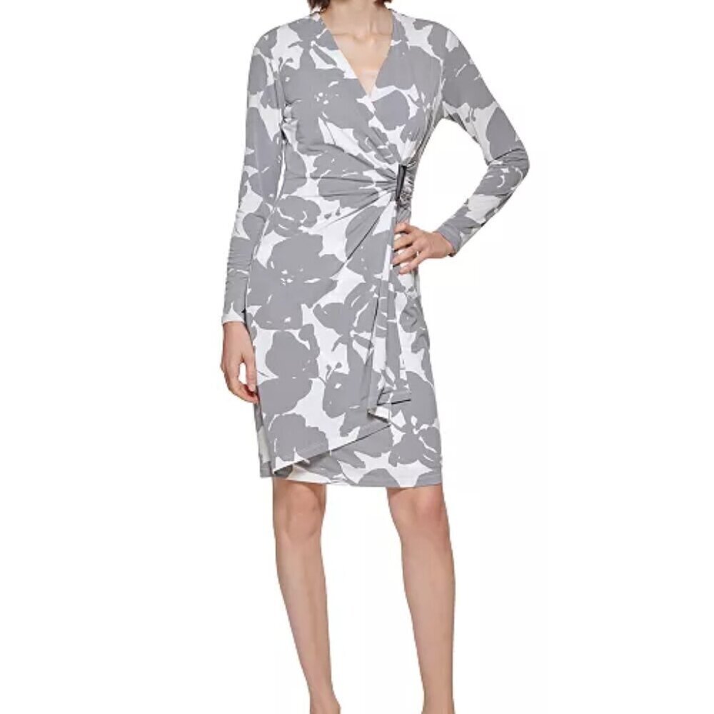 Calvin Klein Floral Print Side Bar Lined Bodycon Dress Gray/White Size 10
